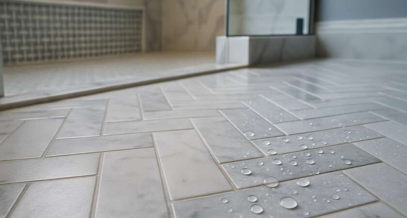 Marble herringbone bathroom floor showing sealed grout with water beading vs unsealed area