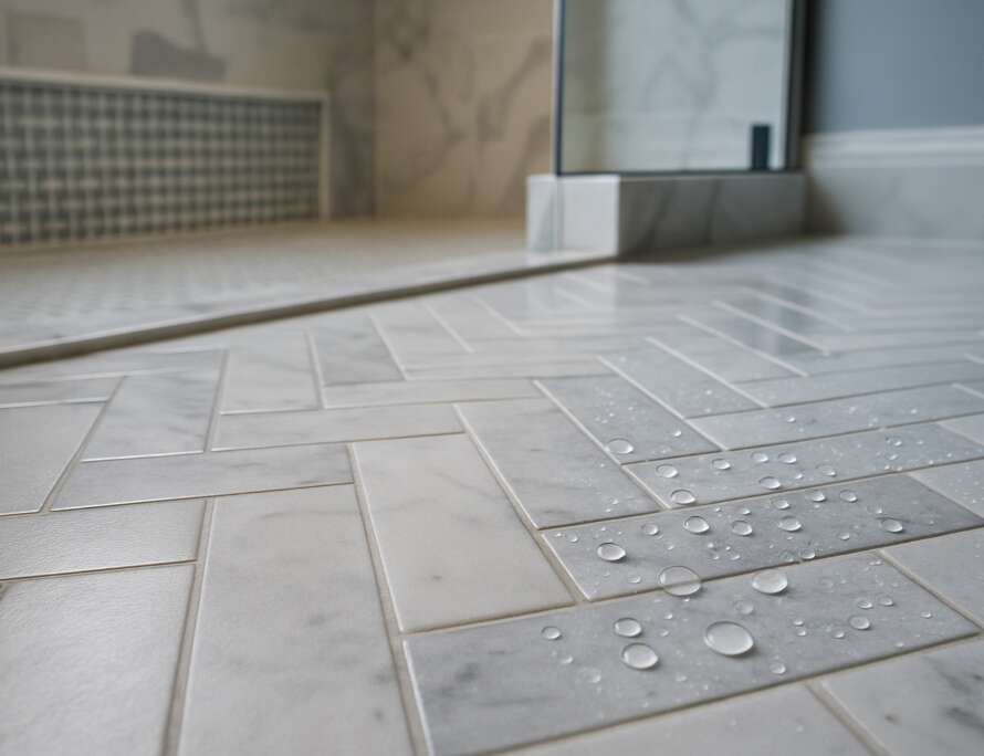 Marble herringbone bathroom floor showing sealed grout with water beading vs unsealed area