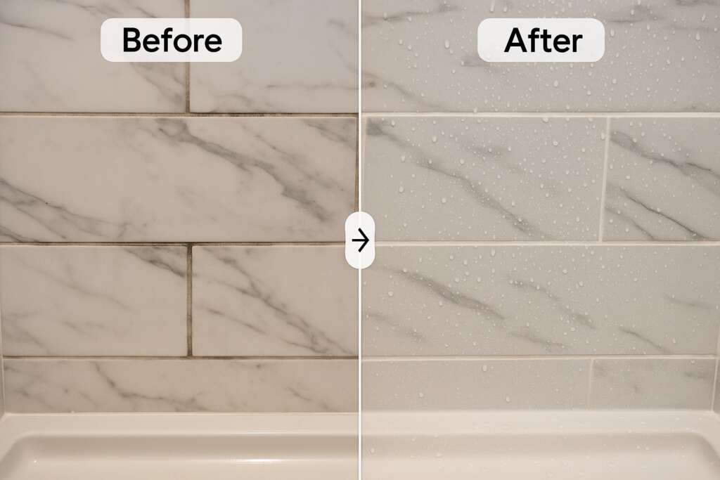 Shower grout “before reseal” (dark, stained) vs. “after reseal” (bright, beading water).