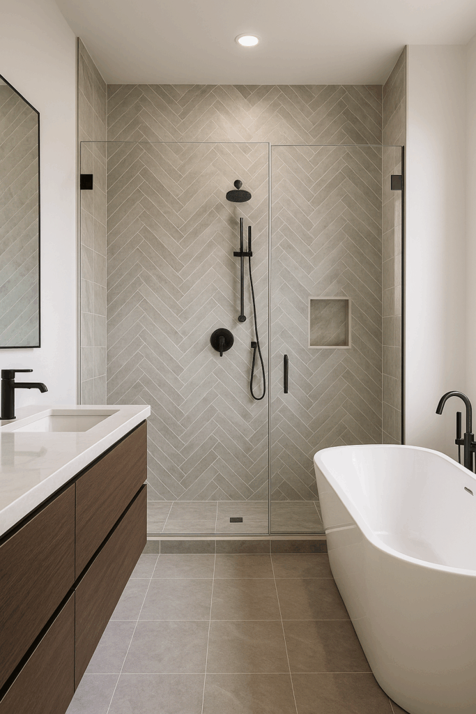 Modern bathroom with herringbone shower tile layout, creating a sense of luxury and space.