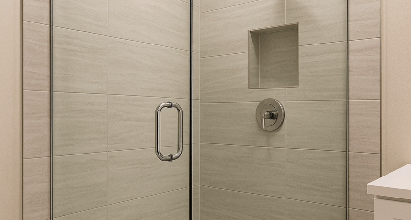Modern walk-in shower with frameless glass and large-format tile in neutral tones.”