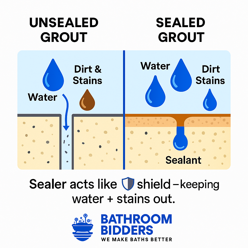 “Unsealed grout” vs. “Sealed grout” showing water/dirt penetration vs. beading.