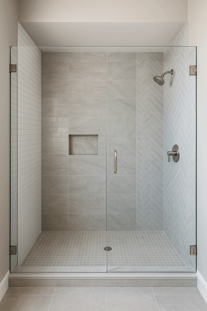 Modern walk-in shower with frameless glass doors, large-format tiles in neutral tones, and recessed lightin