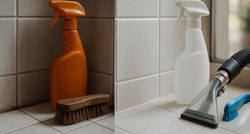 Split scene of the same tile wall: left shows stained grout and worn scrub brush from DIY cleaning, right shows clean grout with water beading, pro brush, and extraction hose—realistic before-and-after result.