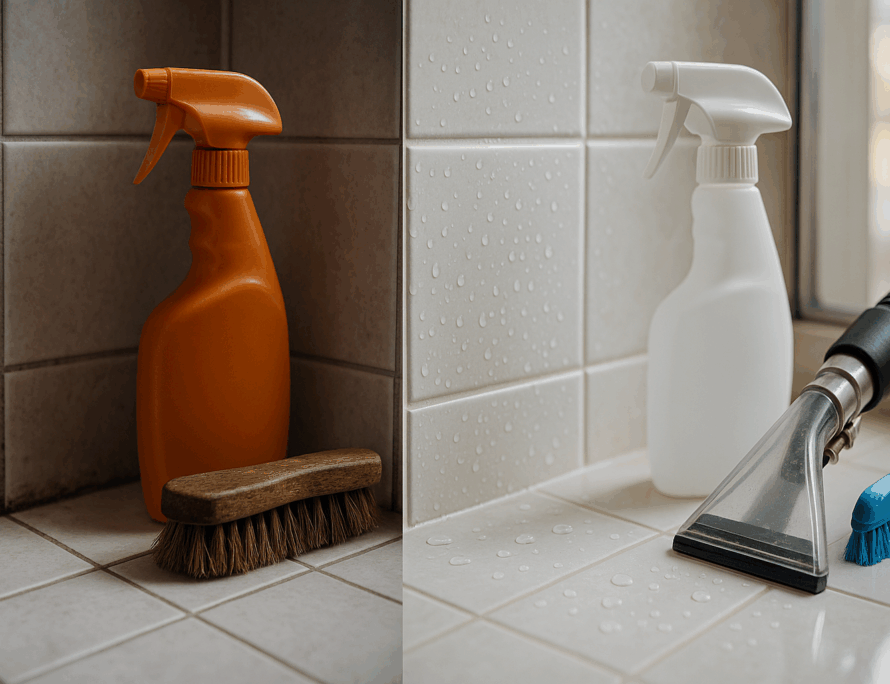 Split scene of the same tile wall: left shows stained grout and worn scrub brush from DIY cleaning, right shows clean grout with water beading, pro brush, and extraction hose—realistic before-and-after result.