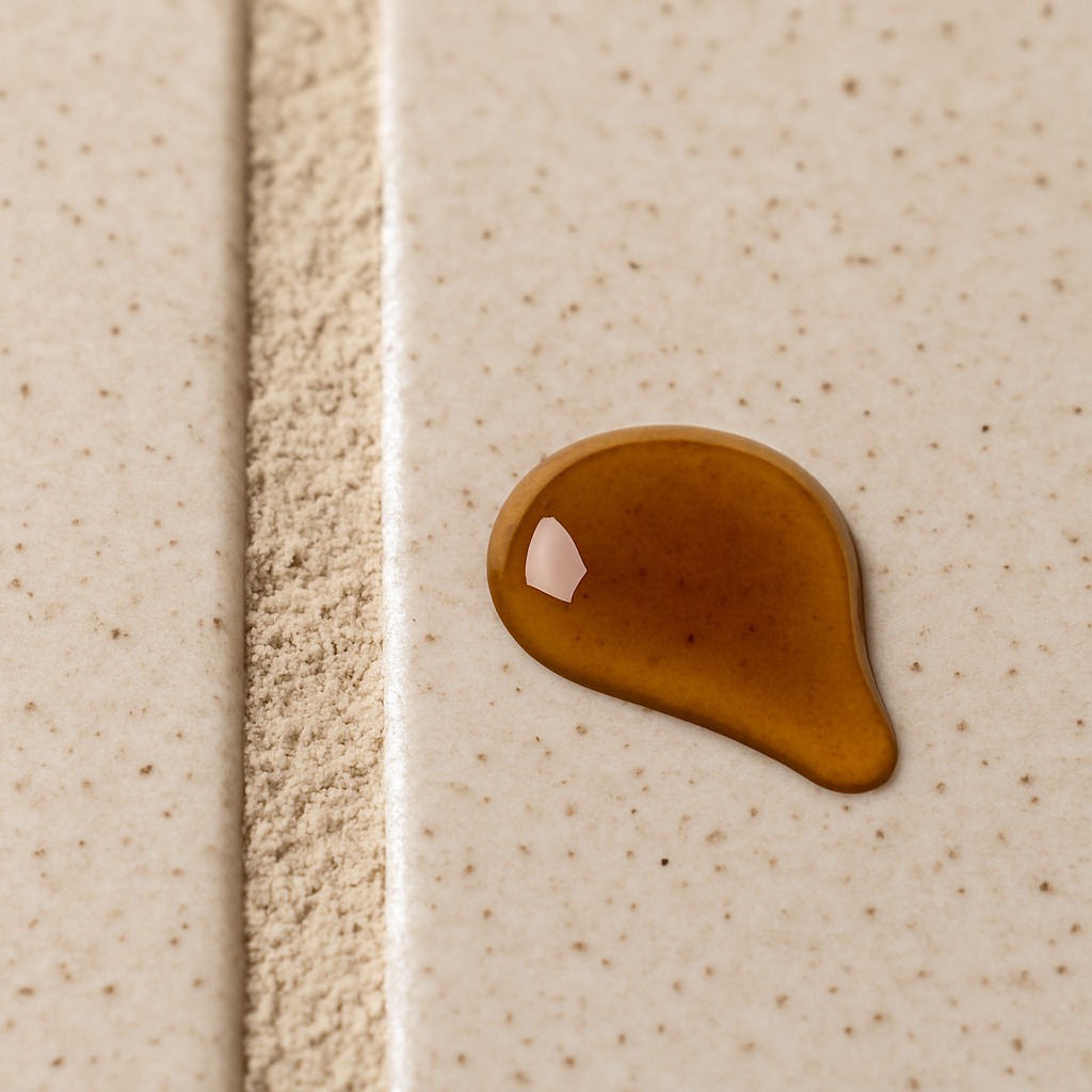 Coffee spilled on sealed grout, beading on the surface
