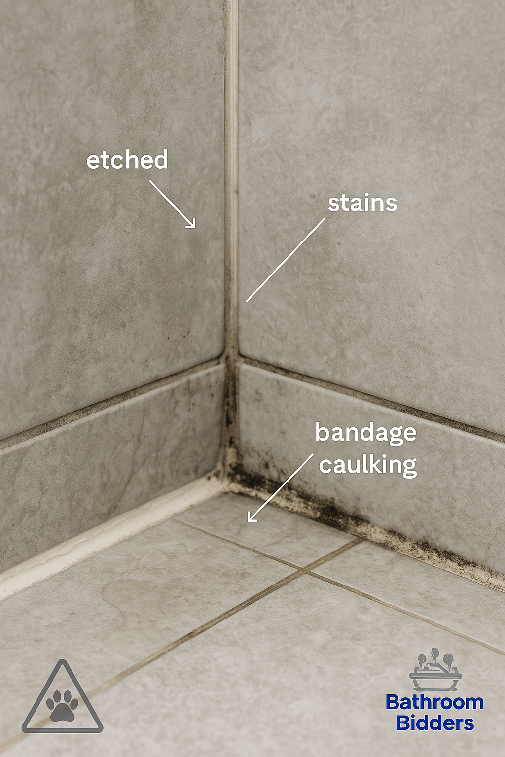 DIY grout cleaning issues in Kansas City—etched natural stone, stained grout lines, layered caulk, and moisture absorption (no water beading).