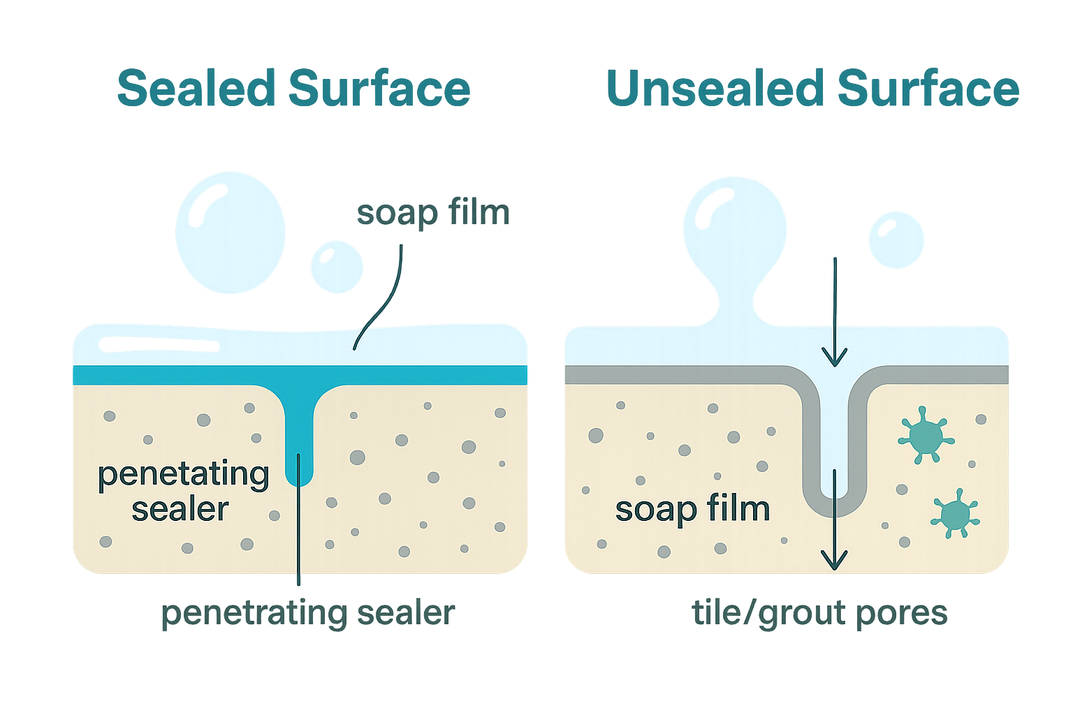 Soap film sitting on a sealed tile surface next to soap film embedded in unsealed grout