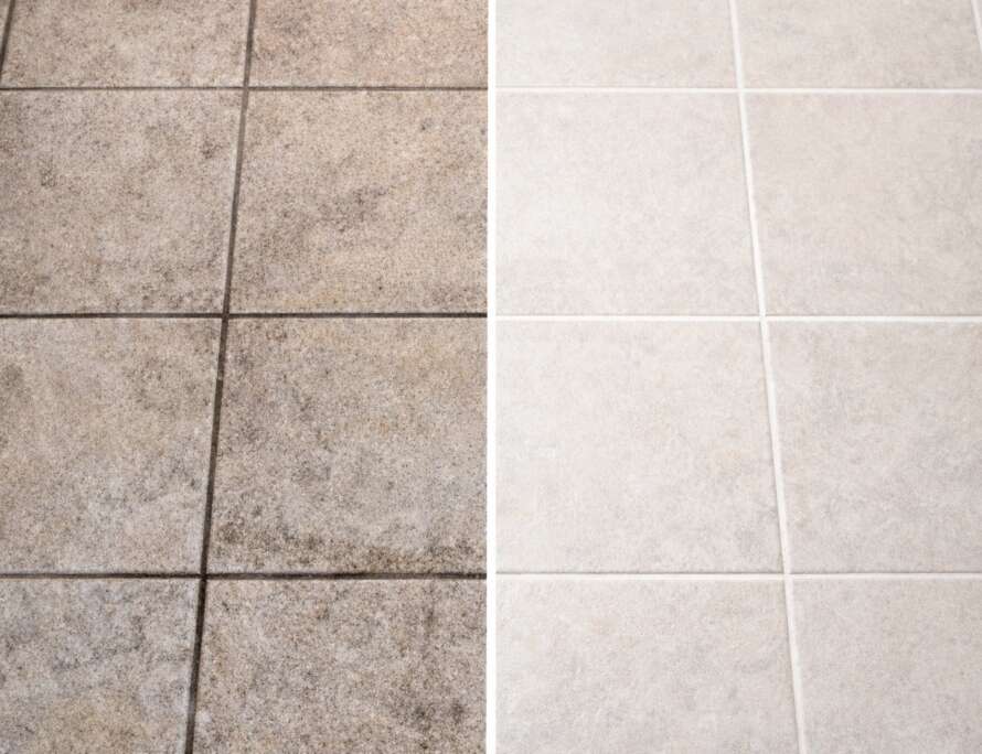 Before and after grout cleaning in a Kansas City bathroom