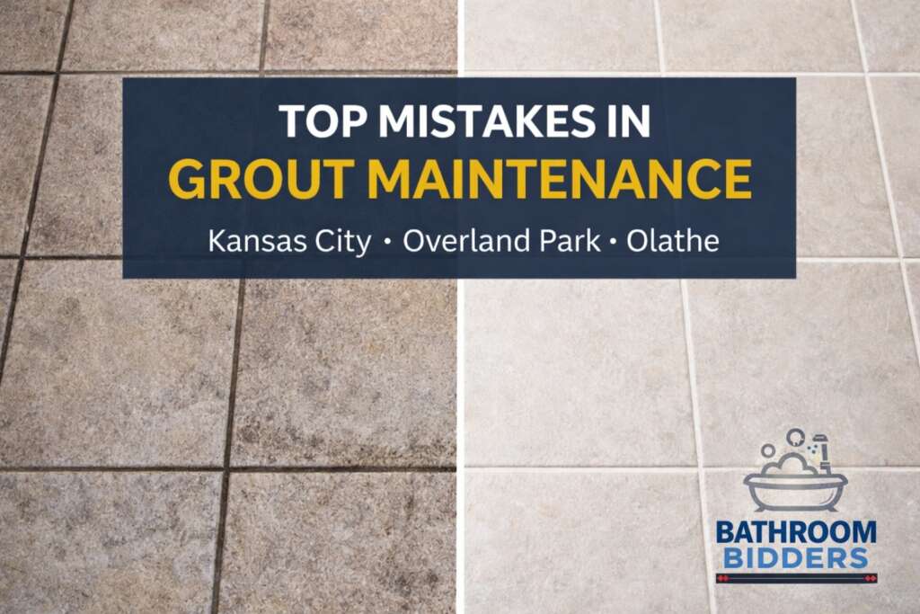 A professional split-scene photo showing dirty, darkened grout transitioning to clean, sealed grout in a bathroom or commercial tile floor.