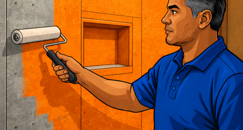 Bathroom Bidders field worker Mike Voss installing Schluter Kerdi waterproofing membrane in a Kansas City shower remodel