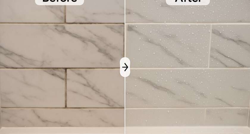 Grout cleaning before and after on a Kansas City marble subway tile shower, Bathroom Bidders clean and seal