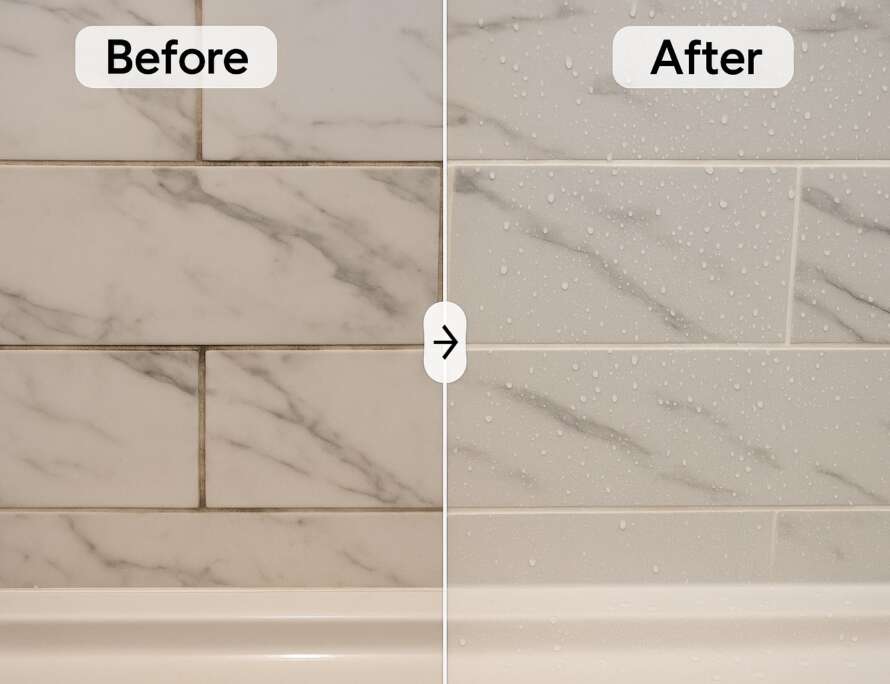 Grout cleaning before and after on a Kansas City marble subway tile shower, Bathroom Bidders clean and seal