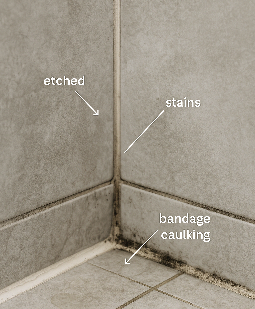 Illustration: grout problems from DIY cleaning, including etched tile, stained grout lines and layered caulk